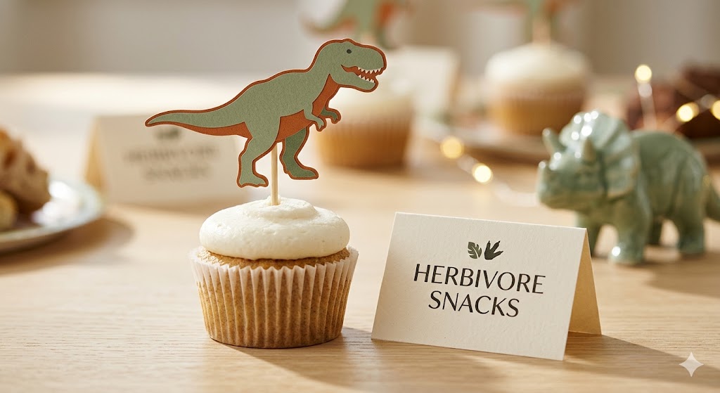 Close-up of dino cupcake topper and Herbivore Snacks card
